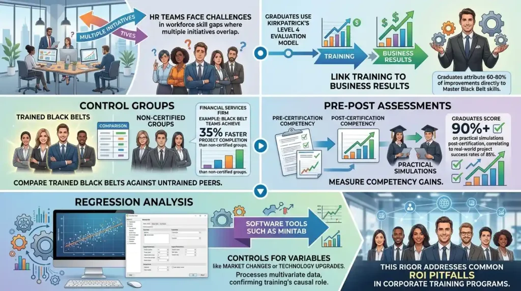 Discover how Lean Six Sigma Master Black Belt graduates measure ROI via cost savings, efficiency gains & real cases. Compare methods for training impact. 
