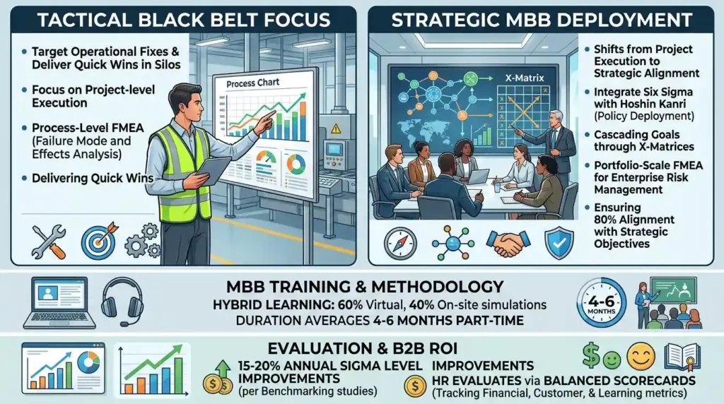 In What Ways Does MBB Emphasise Strategic Deployment Differing from Tactical Black Belt Focus