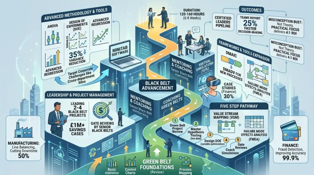 What key components form Black Belt training beyond Green Belt foundations