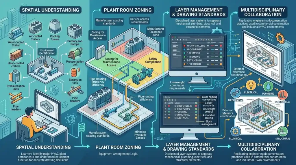 How are chiller plant layouts introduced during AutoCAD HVAC training