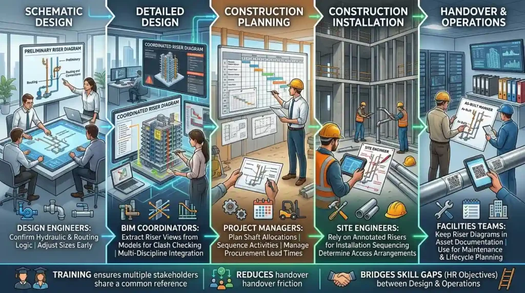 How are riser diagrams used across project phases and organisational roles?