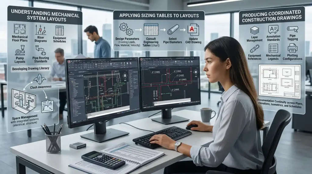 How do AutoCAD HVAC programmes teach pipe sizing implementation