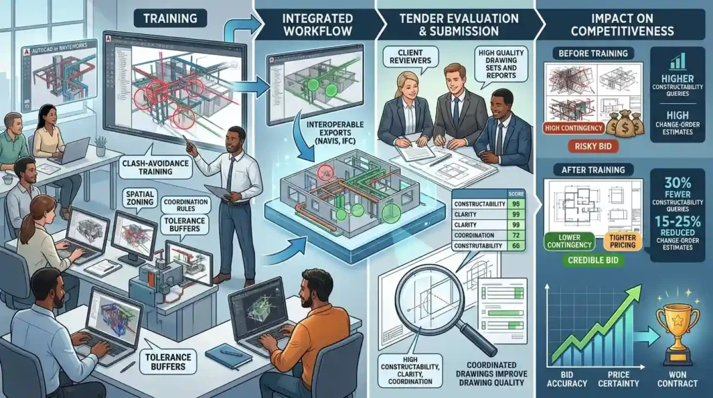 How do coordination and clash-avoidance skills from training affect bid competitiveness