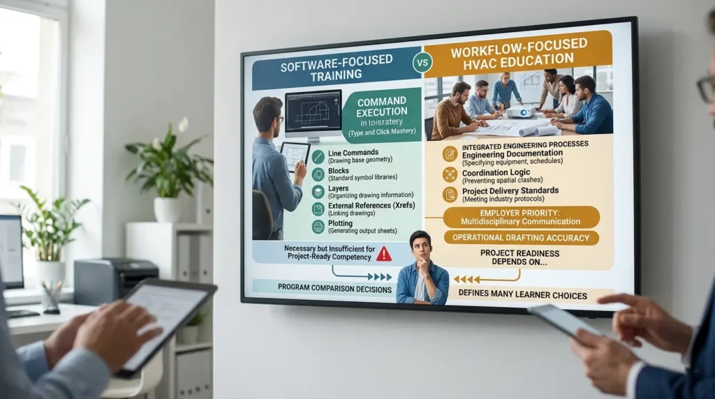 How do training methods differ between software-focused and workflow-focused HVAC education