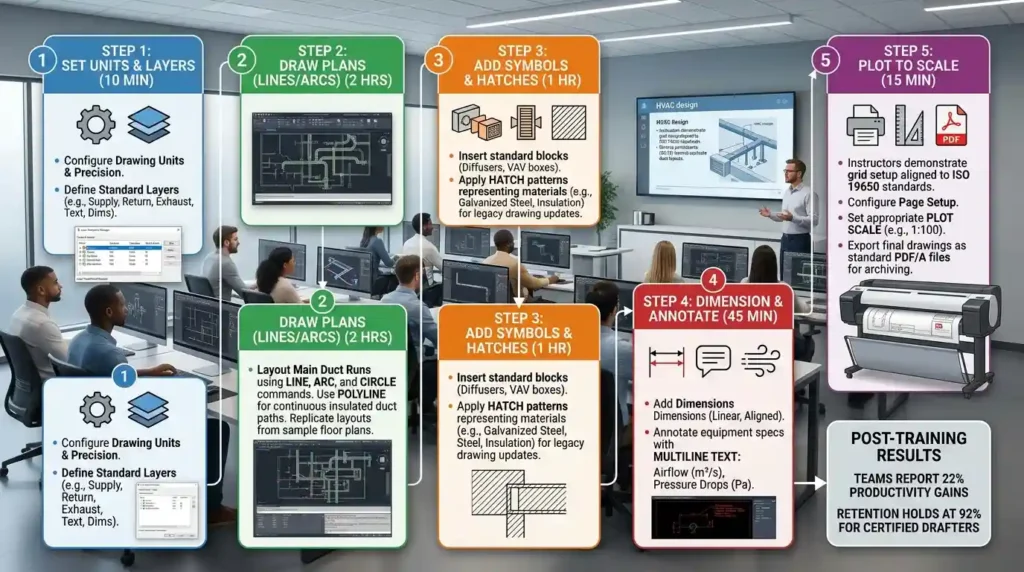 How does 2D AutoCAD drafting function step by step in HVAC corporate training