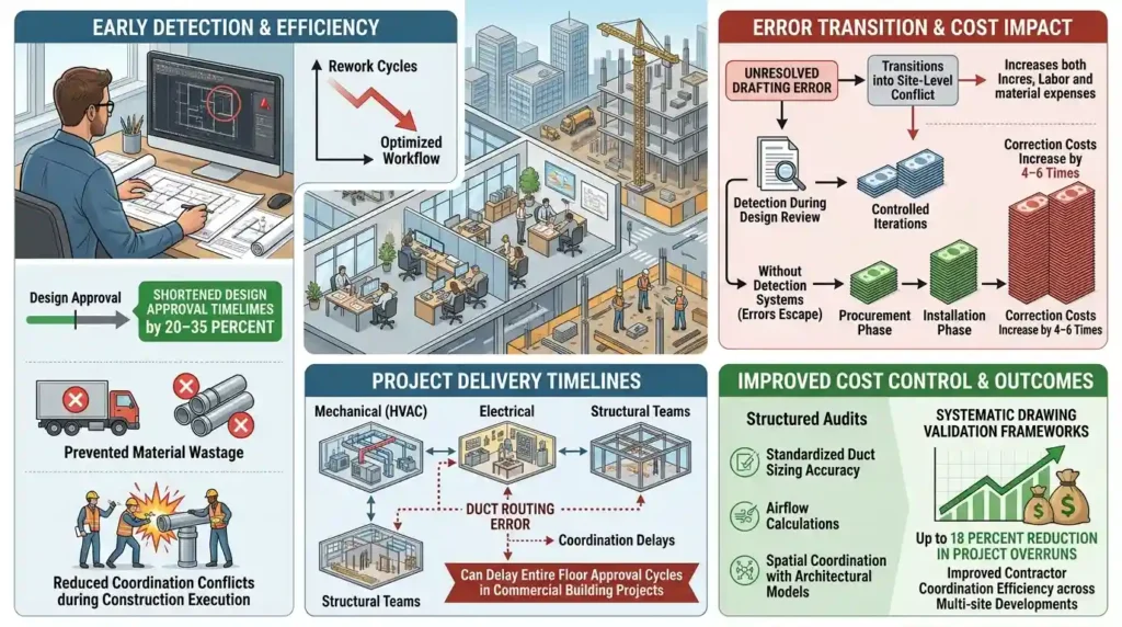 How does HVAC AutoCAD drawing error detection impact project delivery timelines and cost control