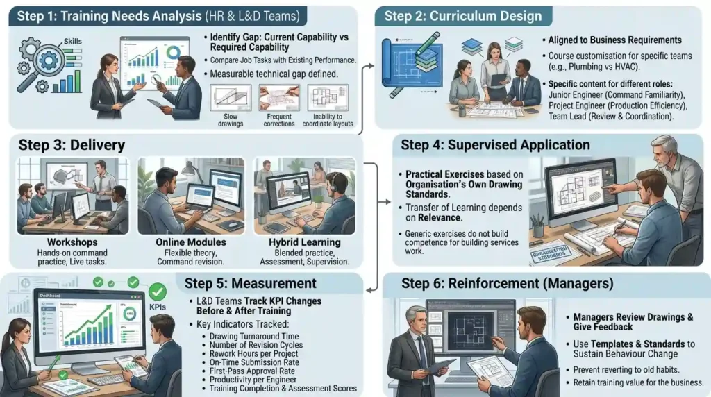 How is AutoCAD training delivered step by step inside organisations
