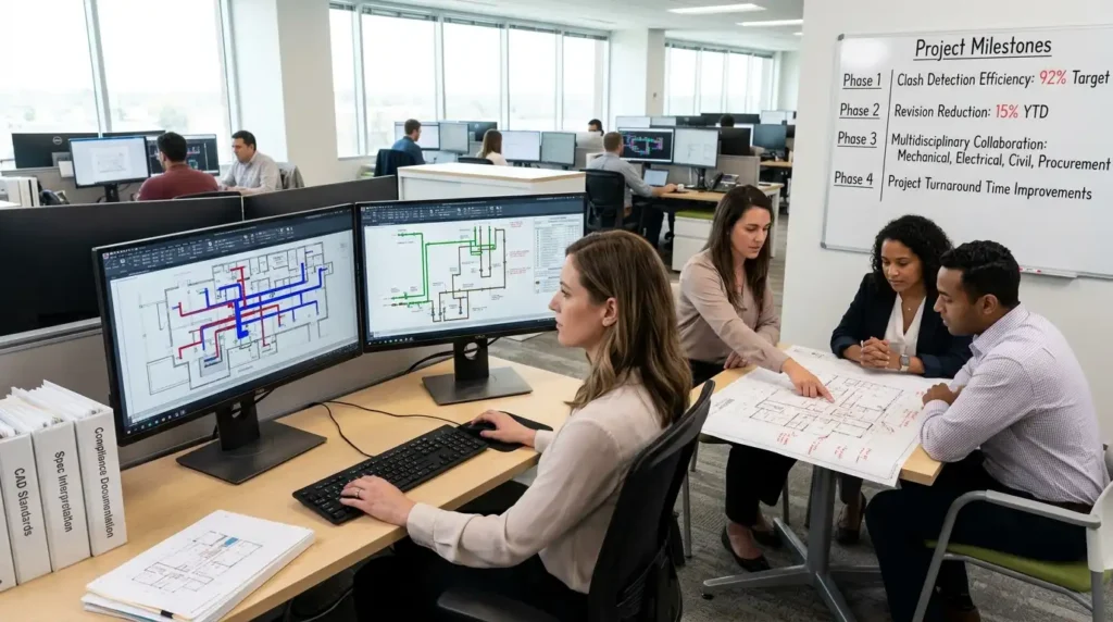 What does an AutoCAD HVAC and plumbing designer do inside a corporate engineering environment