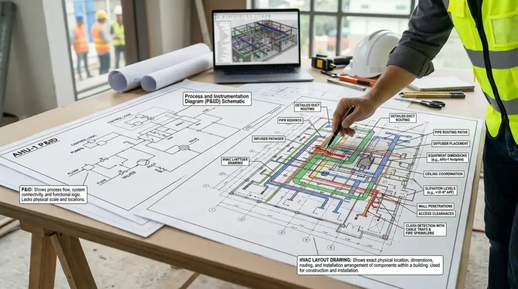 What does an HVAC layout draw show that a P&ID does not