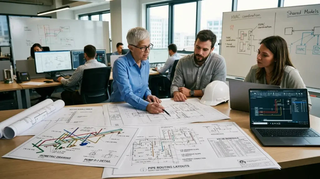 What drawing elements are included in plumbing documentation?