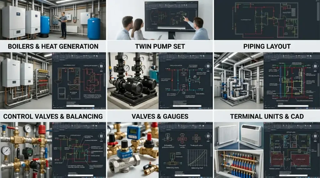 What heating circuit components are normally included in AutoCAD HVAC training