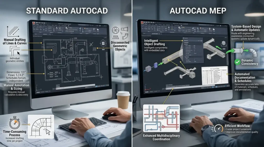 What is the functional difference between AutoCAD MEP and standard AutoCAD for HVAC design