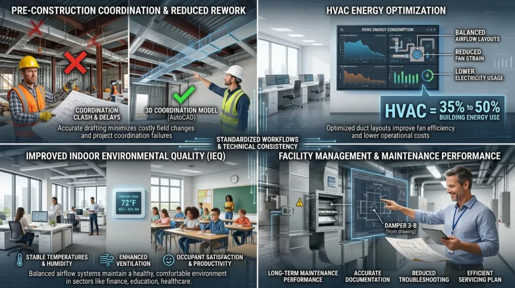 What measurable business outcomes result from accurate ductwork drafting?