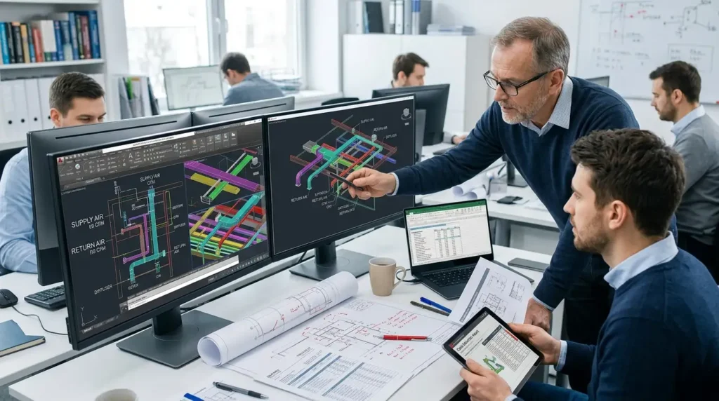 What steps do engineering teams follow when designing ductwork layouts in AutoCAD?