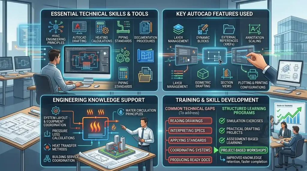What tools and technical skills are required for heating system design drafting?