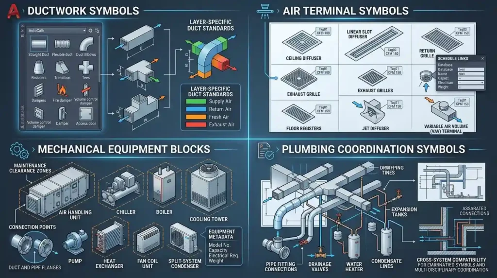 What types of HVAC symbols are commonly included in AutoCAD libraries?