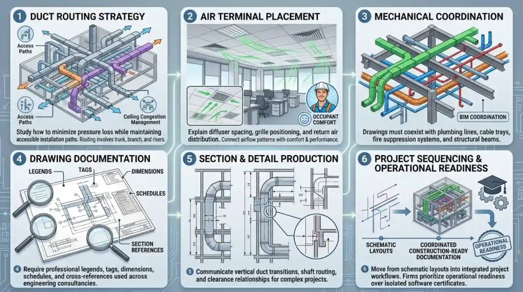 What ventilation layout skills are included in commercial HVAC drafting programmes
