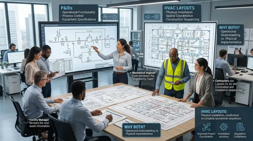 Why do businesses require both P&IDs and HVAC layout drawings during projects
