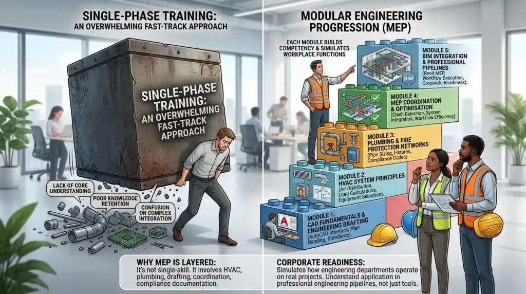 Why is the course structured in modular engineering progression rather than single-phase training