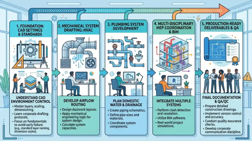 Why is the curriculum of this HVAC programme structured in progressive modules for junior engineer development in corporate engineering workflows