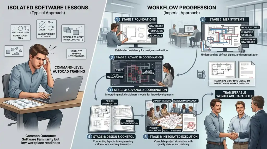 Why is the curriculum structured around workflow progression instead of isolated software lessons