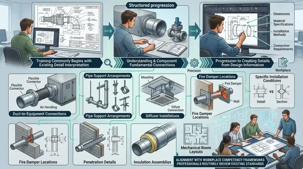 How are construction details taught within AutoCAD HVAC training?
