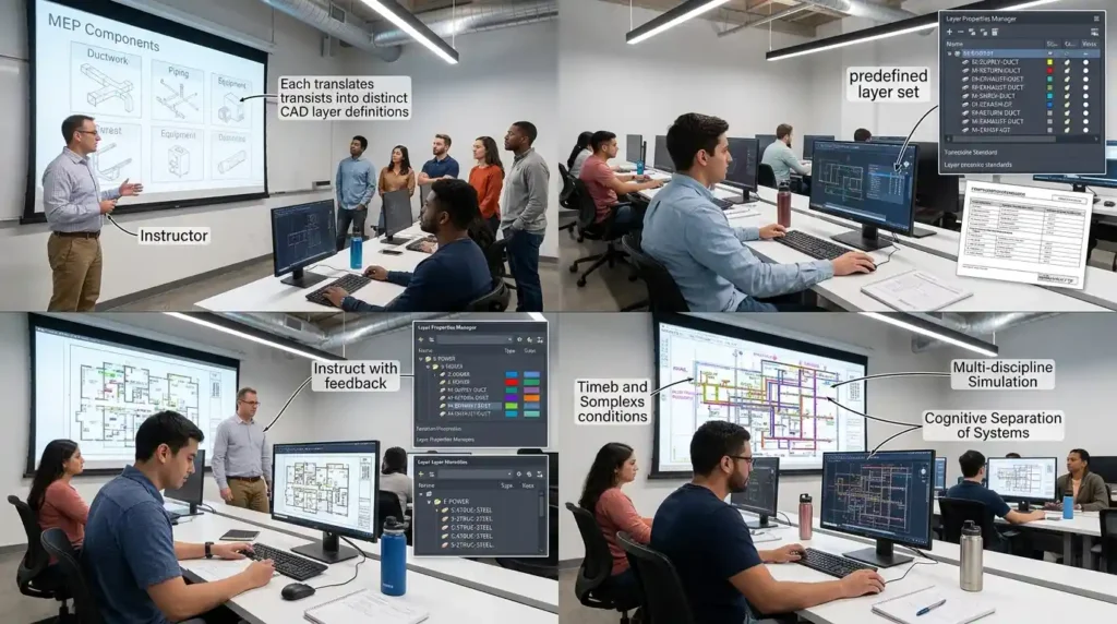 How are layer standards taught through structured learning workflows in HVAC CAD training