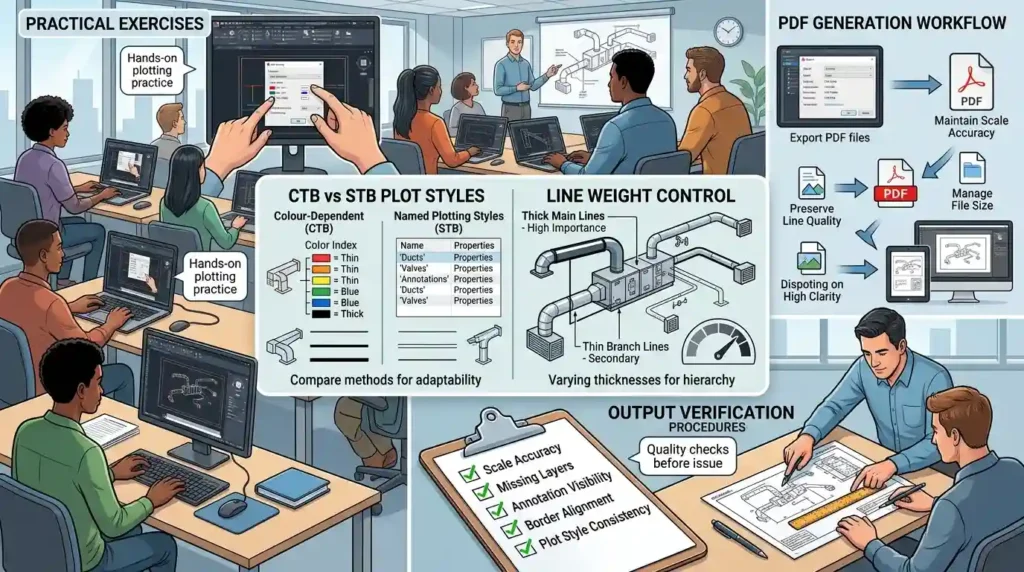 How are plotting styles and output configurations taught within HVAC-focused programmes