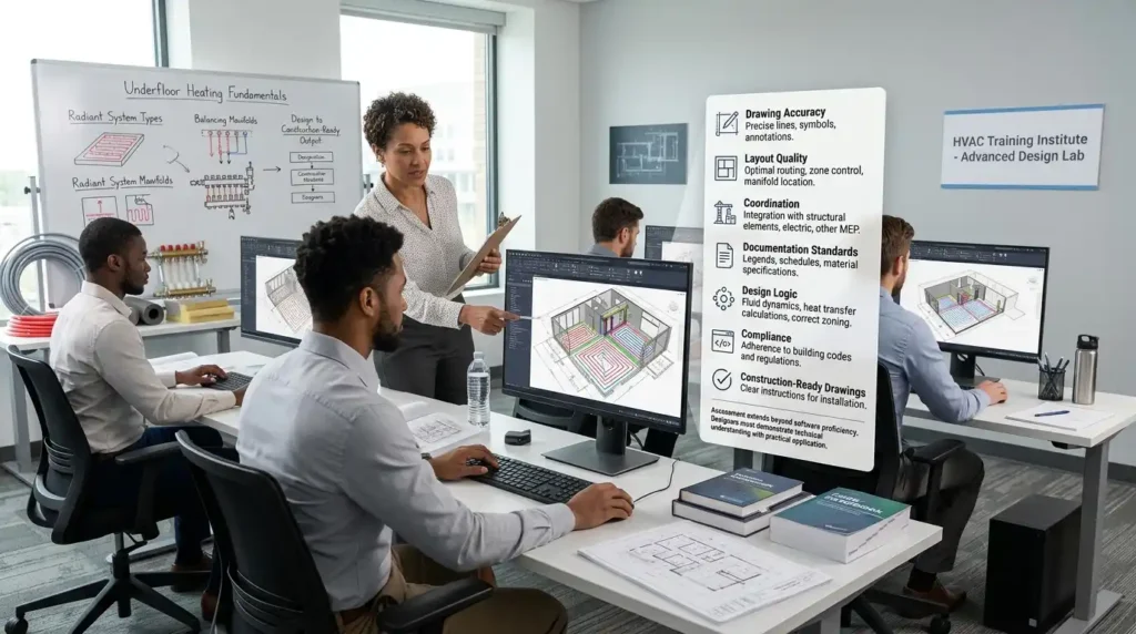 How do HVAC training programmes evaluate underfloor heating design competency