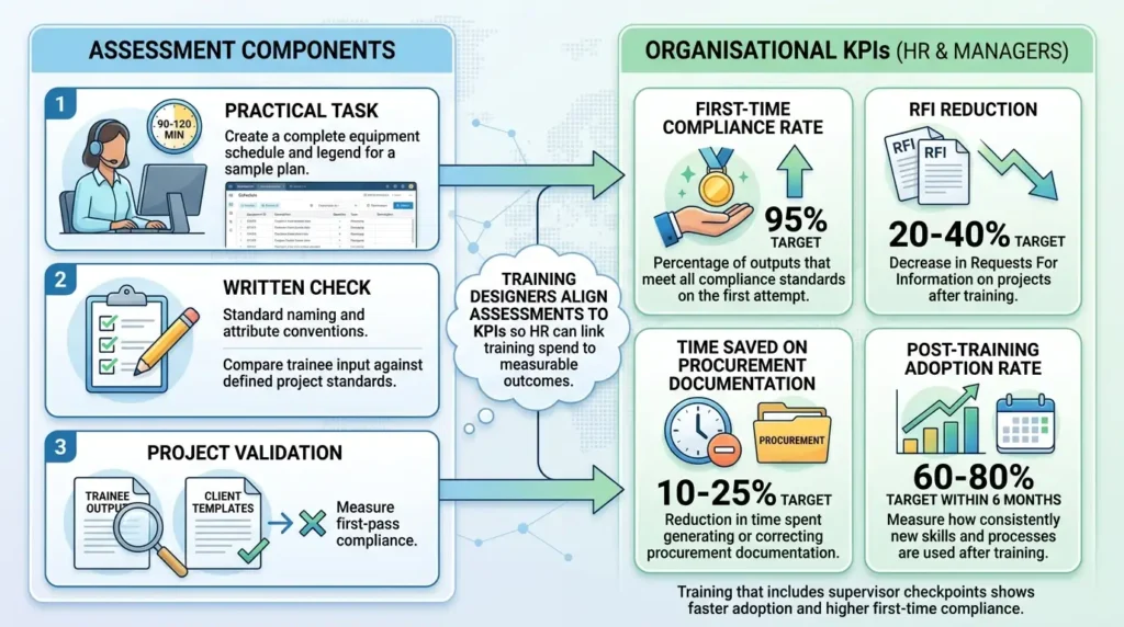 How do training assessments and KPIs measure effectiveness