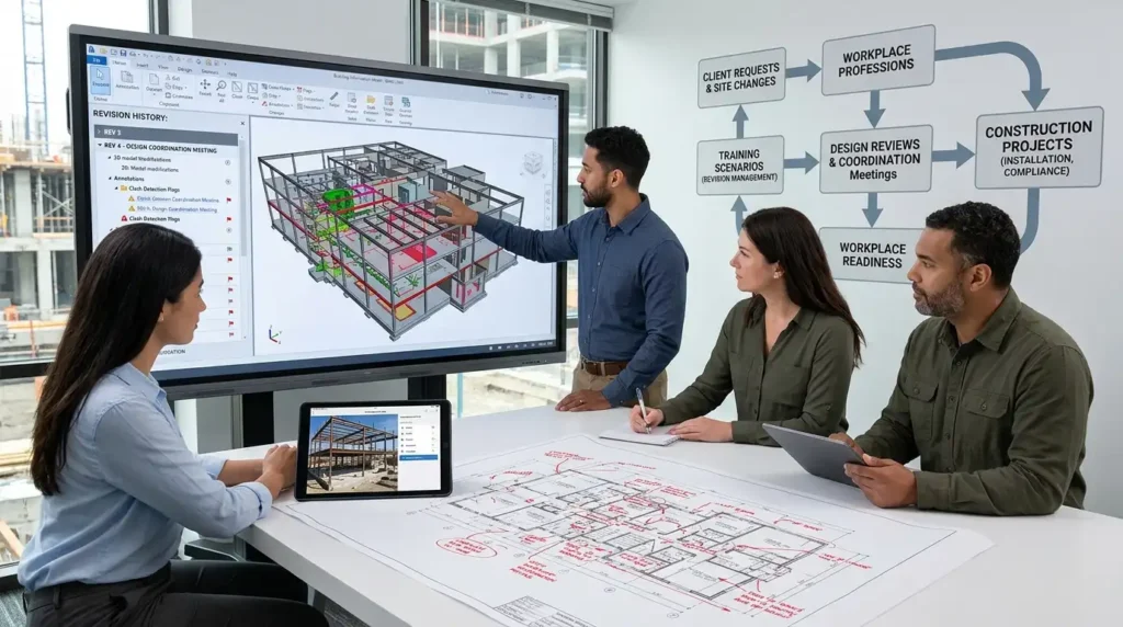 How does training connect revision management to real construction projects?