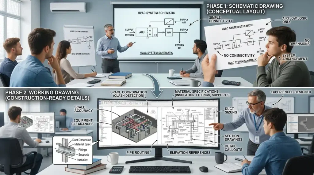 How does training transition from schematic drawings to working drawings