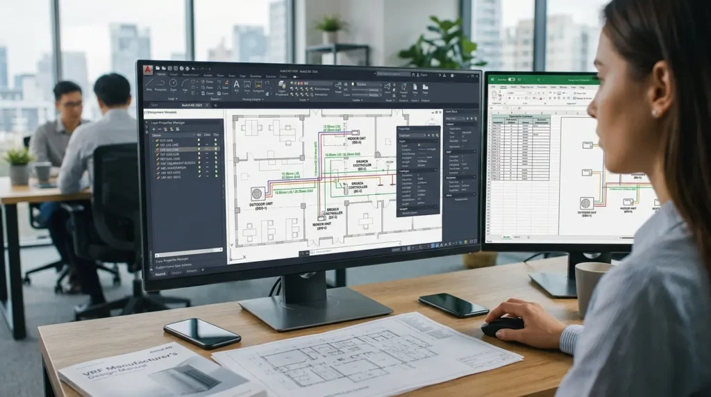 What AutoCAD tools are commonly used for VRF pipe layout development