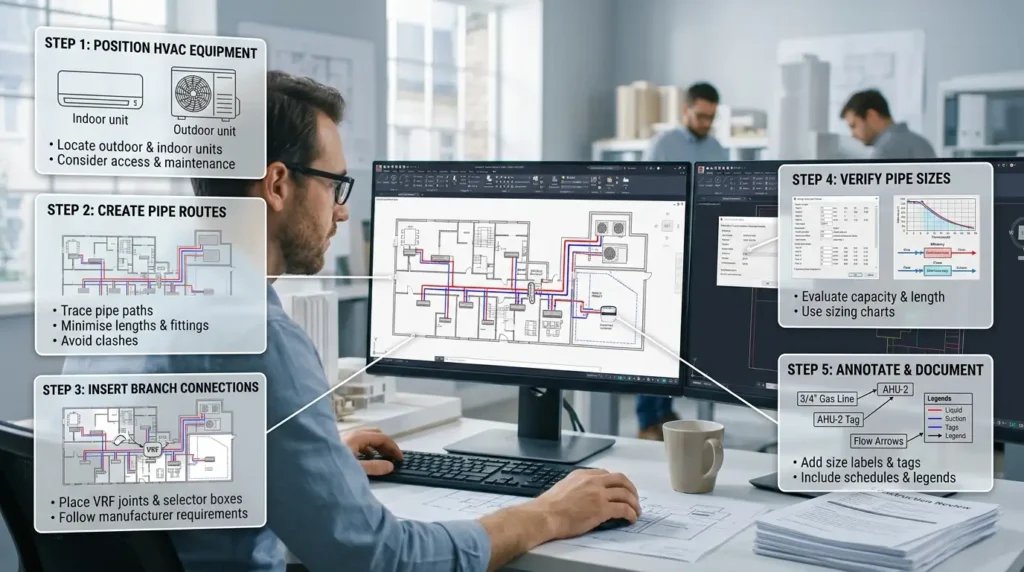 What Steps Are Followed When Drawing Refrigerant Pipe Layouts in AutoCAD