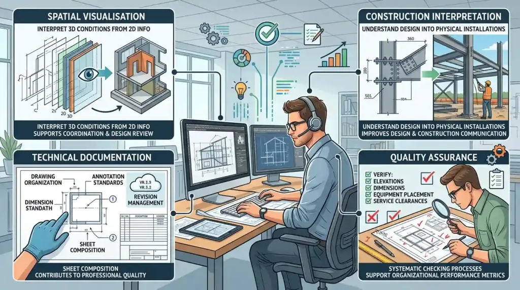 What competencies are developed through section and detail drawing exercises