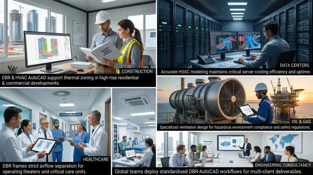What industries and teams use Design Basis Report and HVAC AutoCAD workflows