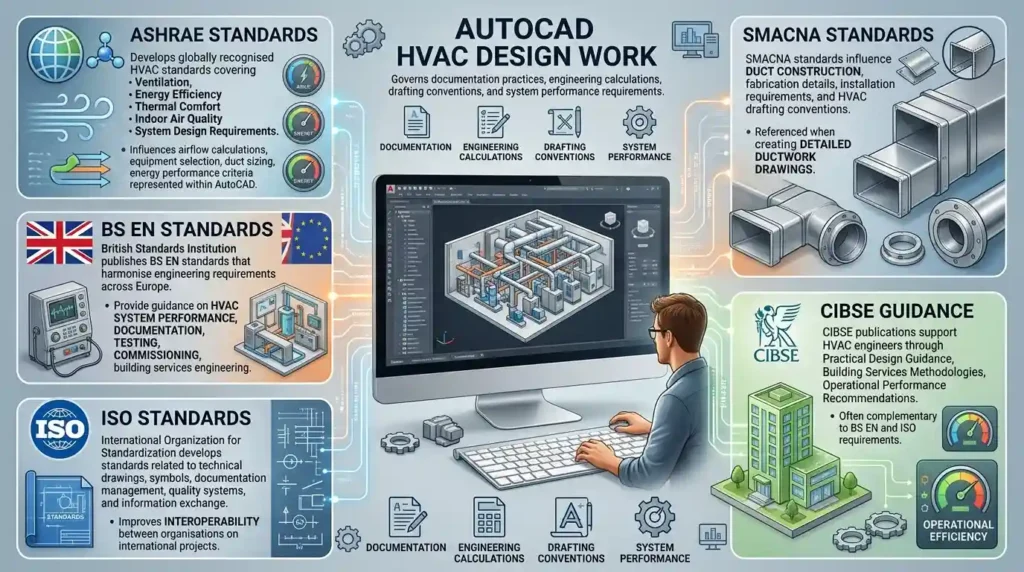 What international standards influence AutoCAD HVAC design work