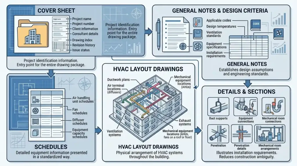What is included in an AutoCAD HVAC drawing set