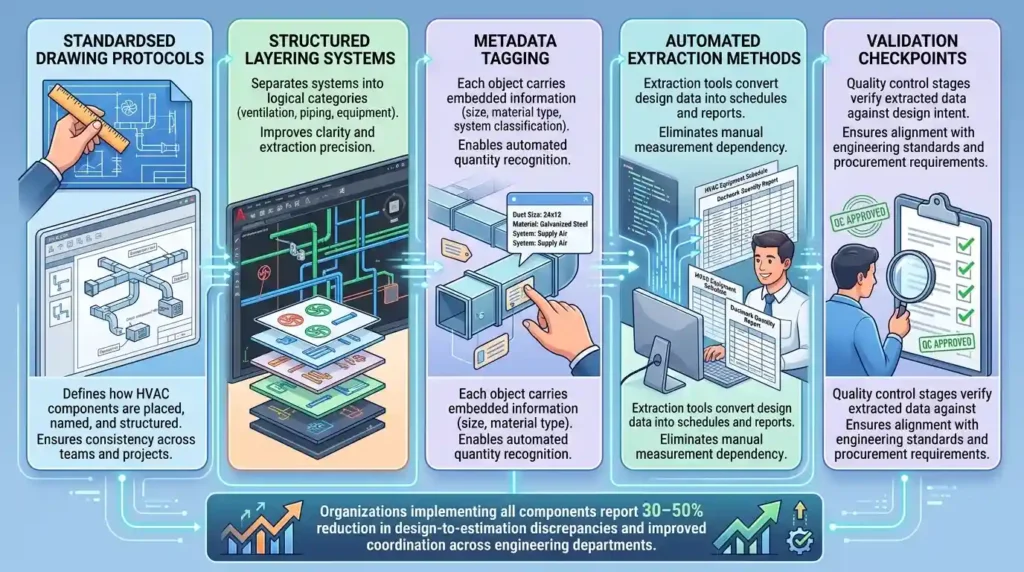 What key components define effective HVAC quantity take-off workflows in AutoCAD