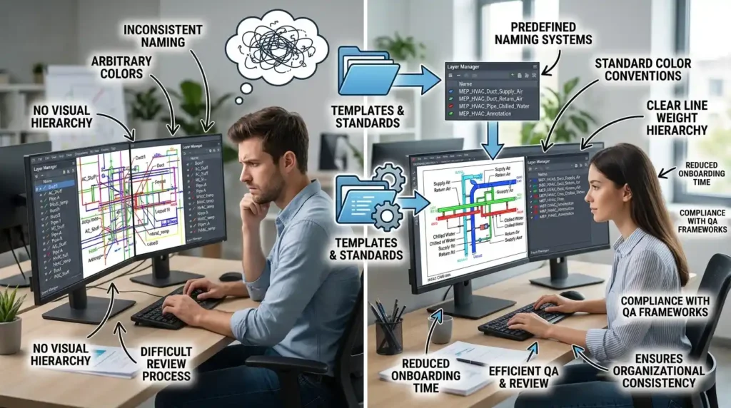 What role do templates and standards play in reinforcing layer discipline