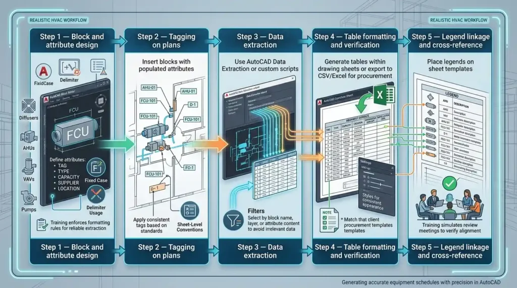 What workflows produce equipment schedules in AutoCAD HVAC?