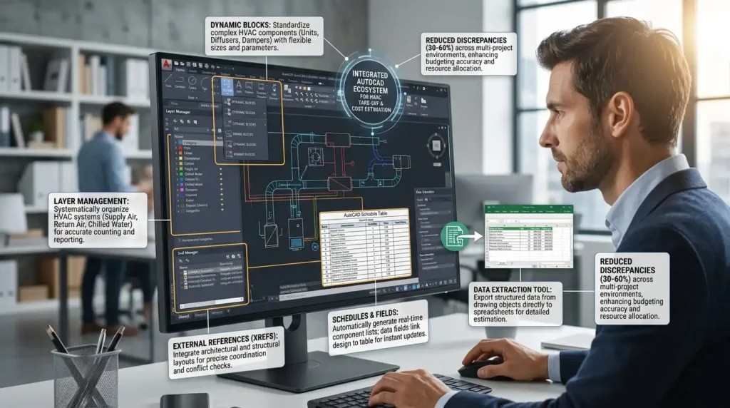 Which AutoCAD tools are used for HVAC material take-off and cost estimation?