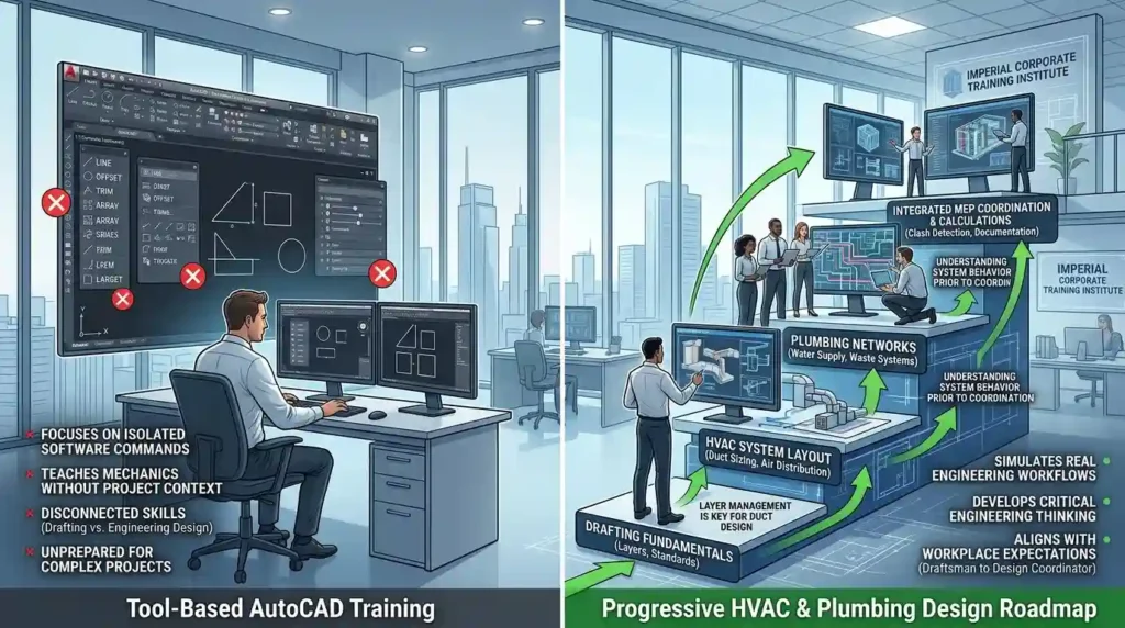 Why is the course structured as a progressive HVAC and plumbing design roadmap instead of a tool-based AutoCAD training programme
