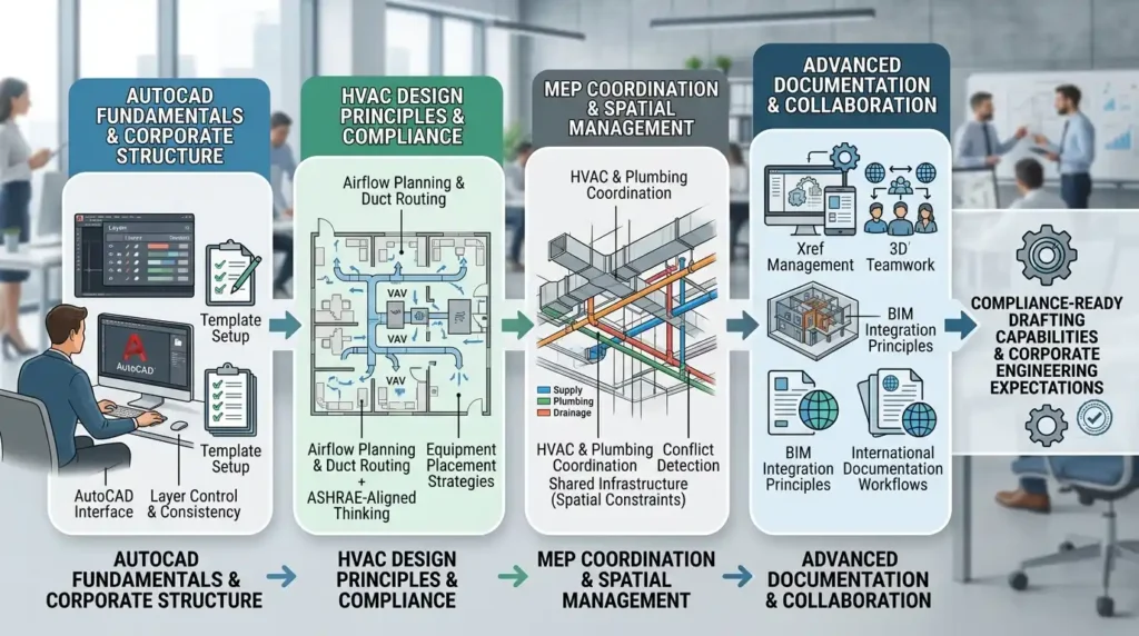 Why is this course structured around international HVAC drawing standards and corporate design workflows