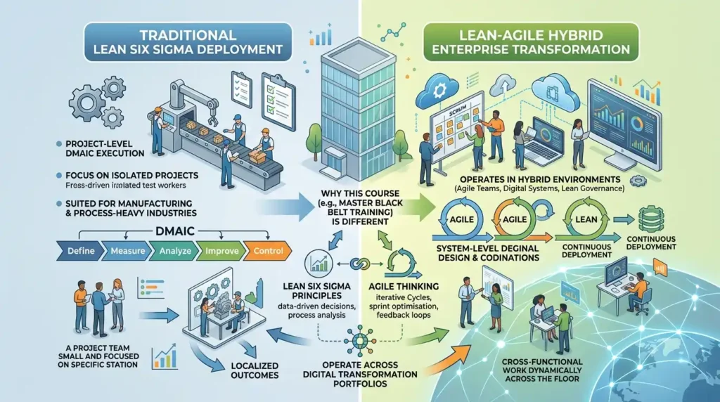 Why is this course structured to support Lean-Agile hybrid enterprise transformation rather than traditional Lean Six Sigma deployment